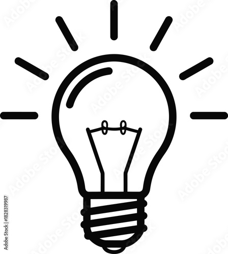 Simple line art icon of a glowing light bulb, representing new ideas, innovation, creativity, bright solutions, and inspiration concept.