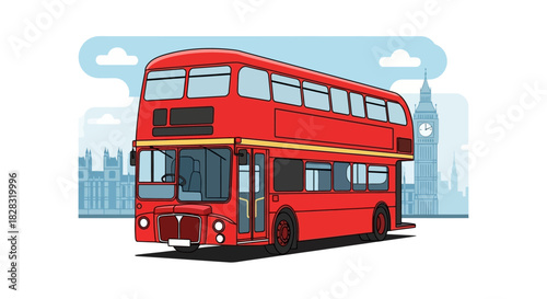 Iconic red double-decker bus illustration with London skyline in the background