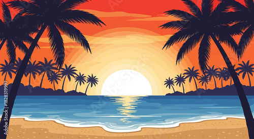 Idyllic tropical beach scene with palm trees at sunset creates a peaceful atmosphere