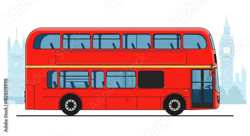Iconic Red Double-Decker Bus Against a London Skyline Cartoon Illustration