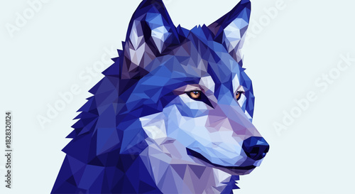 Geometric wolf head illustration in blue shades with triangle facets design style