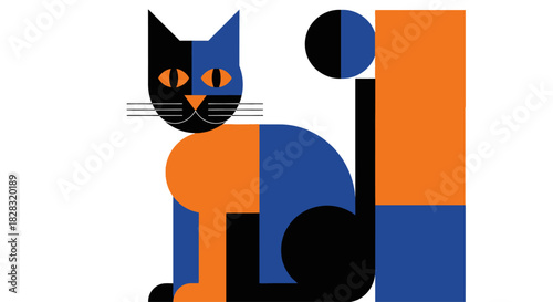 Geometric cat design featuring abstract shapes, vivid colors, and a modern graphic style