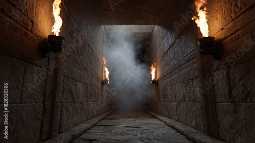 Mysterious Stone Corridor Deep Within Ancient Pyramid Surrounded by Flickering Torches and Enveloping Fog
