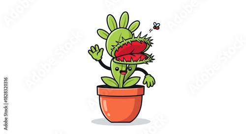Friendly carnivorous plant cartoon character waving hello with a fly flying nearby illustration