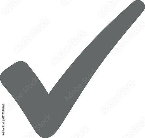 Grey check mark icon, a universal symbol for success, completion, correct answer, validation, and approval, isolated graphic.