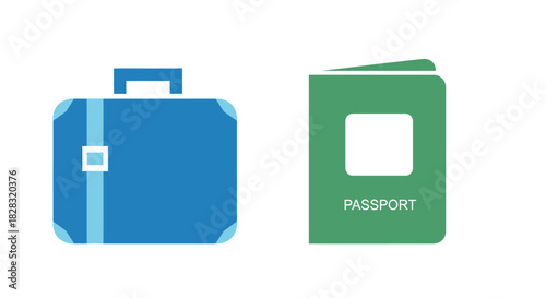 Flat vector graphic of a blue suitcase and a green passport icon suitable for travel planning and