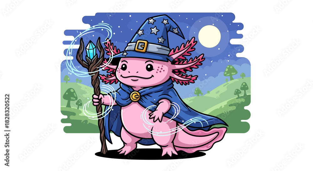 Fototapeta premium Enchanting Axolotl Wizard casting spells under the moonlight illustration