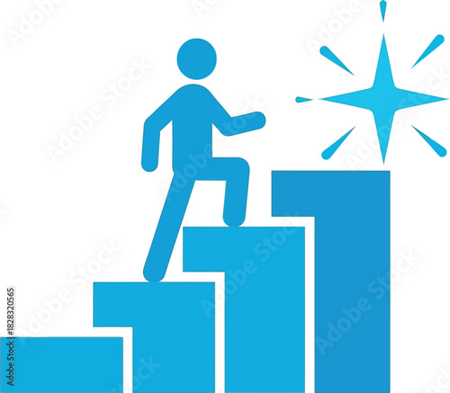Man ascending steps toward a glowing star, symbolizing business success, career growth, personal development, and achieving ambitious goals.