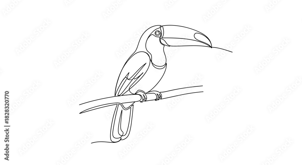 Fototapeta premium Elegant minimalist line art of a toucan perched on a branch showcasing simplicity and grace