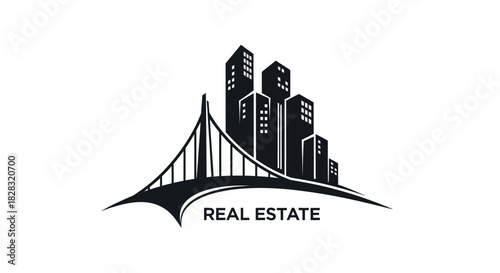 Elegant real estate logo featuring a city skyline and bridge design illustration