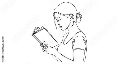 Elegant one line drawing of a woman reading a book in a minimalistic style