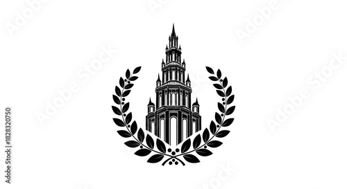 Elegant monochrome architectural emblem featuring a tower framed by laurel leaves
