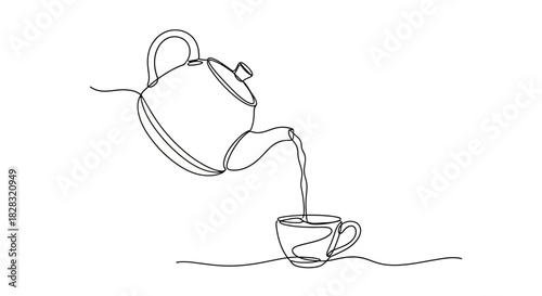 Elegant continuous line drawing of tea pouring from teapot into teacup illustration