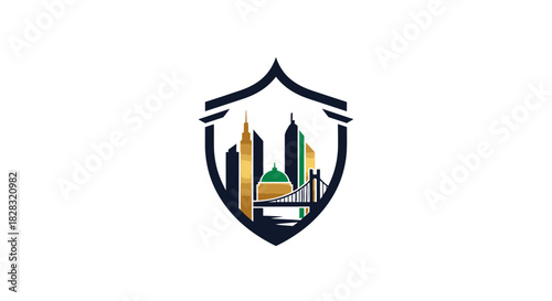Elegant city skyline logo design in shield shape for real estate ventures or secure urban living