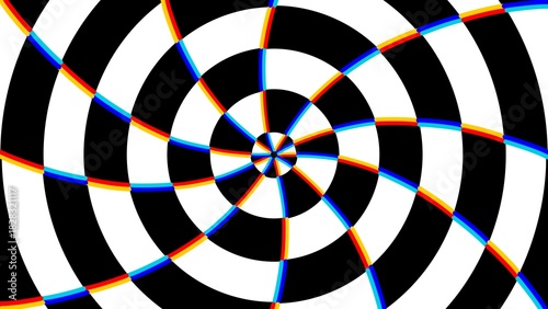Hypnotic black and white concentric circles with colorful red, yellow, blue warped lines creating optical illusion of spinning vortex. Abstract Op Art background