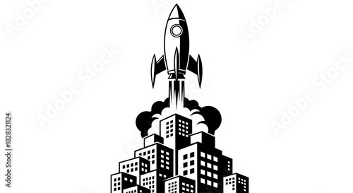 Dramatic monochrome illustration of a rocket launching from a futuristic city landscape