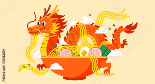 Dragon enjoying ramen noodles, a cultural blend of asian cuisine and mythology in a modern graphic