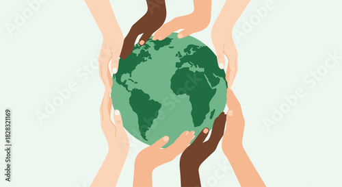 Diverse hands embracing the globe, symbolizing unity and environmental awareness illustration