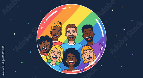 Diverse group of people laughing within a rainbow bubble against a dark background