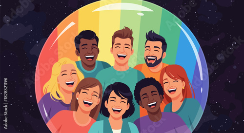Diverse group of people laughing together inside a protective bubble of acceptance and unity