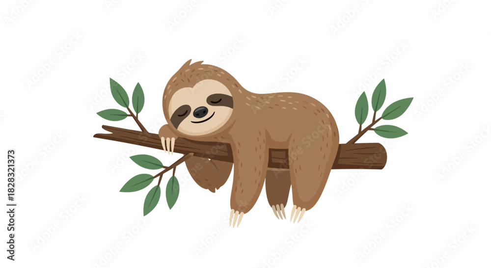 Naklejka premium Cute cartoon sloth sleeping on a tree branch, vector illustration for kids isolated on white
