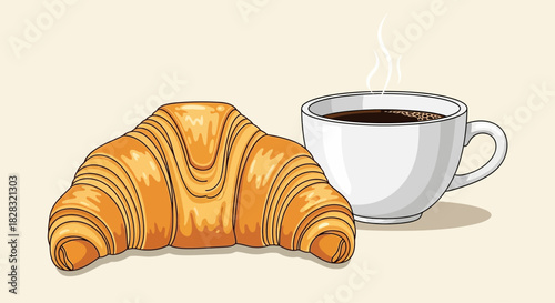 Delicious breakfast illustration featuring a croissant and steaming cup of coffee