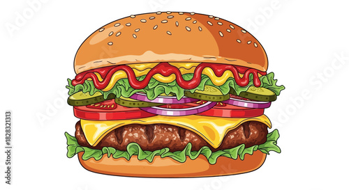 Delicious and visually appealing cartoon burger illustration on white background