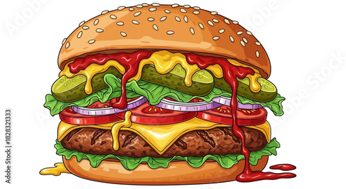 Delicious and visually appealing cartoon illustration of a classic cheeseburger overflowing with