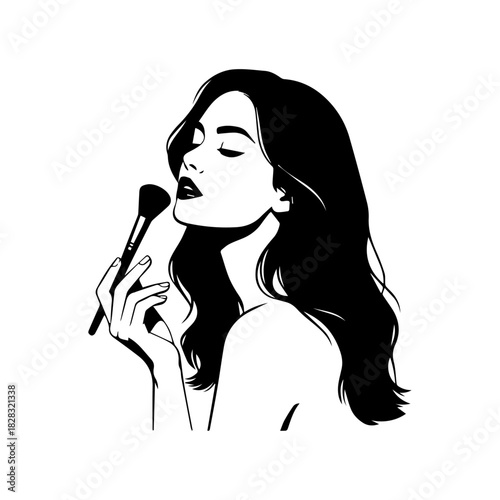 Woman with Makeup Brush Black and White Silhouette Beauty Illustration.