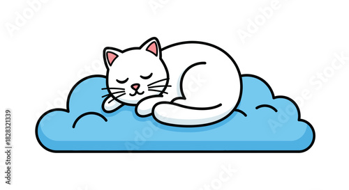 Cute White Cat Cartoon Sleeping on a Blue Cloud Illustrative Style Design