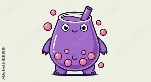 Cute Purple Bubble Tea Character with Boba Pearls and a Smiling Face Cartoon Icon