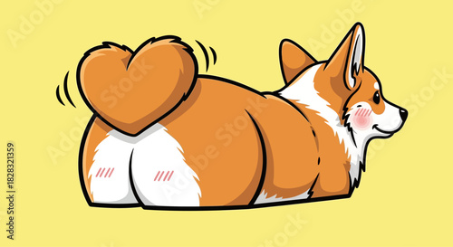 Cute corgi with a heart shaped tail wagging on a yellow background artwork