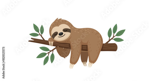 Cute cartoon sloth sleeping on a tree branch, vector illustration for kids isolated on white