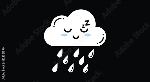 Cute kawaii sleeping cloud character with rosy cheeks and z's, raining droplets against a solid black background, suitable for a logo.