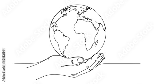 Continuous line art illustration of a hand holding the Earth globe in minimalist design for