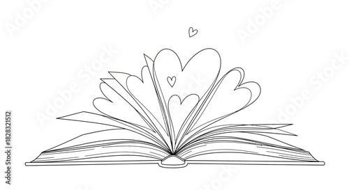 Conceptual illustration of an open book with heart-shaped pages conveying love of reading and