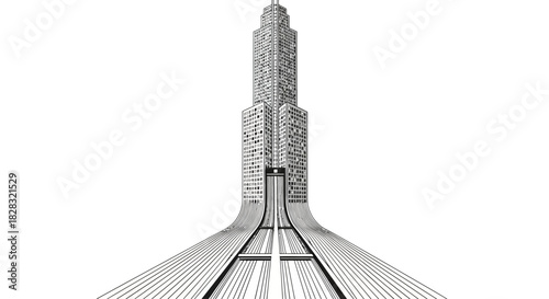 Conceptual architecture design showcasing a tall building merging with a road design