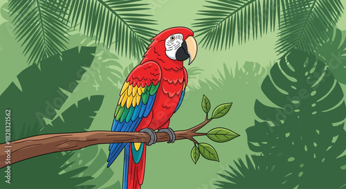 Colorful macaw parrot perched on a branch in a lush tropical rainforest setting illustration