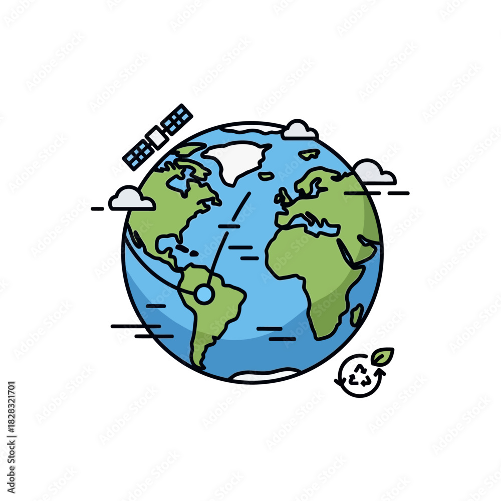 Naklejka premium A conceptual illustration of a green planet with global network connections, an orbiting space satellite, and a sustainability recycle symbol