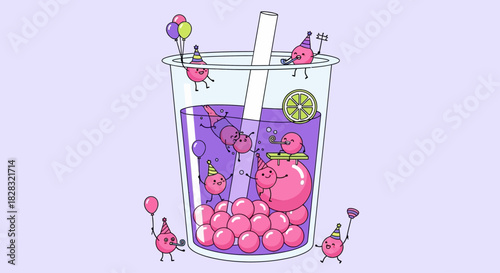 Cartoon Illustration of a Celebration with Pink Boba Characters in a Bubble Tea Cup