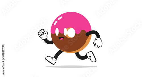 Cartoon Donut Character Running Illustration with Pink Glaze and Happy Face