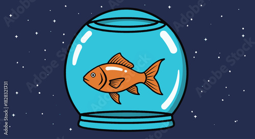 Cartoon goldfish swimming in a fishbowl against a dark starry background art illustration