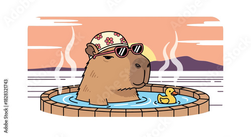 Cartoon capybara wearing a swimming cap and sunglasses relaxing in a hot tub scene
