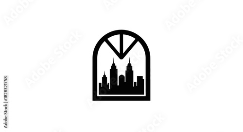 Captivating black and white silhouette cityscape seen through an arched window frame showcasing