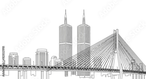 Architectural cityscape illustration featuring twin towers and cable-stayed bridge with city skyline