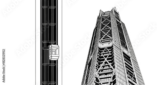 Architectural abstraction highlighting contrast of external elevator and skyscraper design
