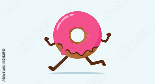 Animated running donut character with pink frosting and chocolate details on a light backdrop