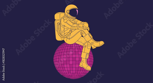 An astronaut in yellow sits casually on a pink disco ball against a dark blue background