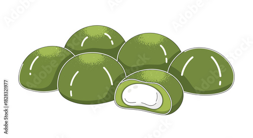 An appetizing illustration of green mochi balls with sweet fillings on a white background is