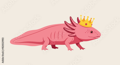 Adorable Pink Axolotl Wearing a Golden Crown in a Whimsical Cartoon Illustration